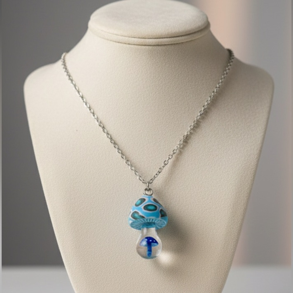 Blue Spotted Mushroom Glass Pendant Necklace - Whimsical Cottagecore